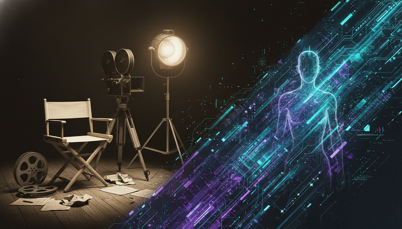 A classic film set merging with futuristic AI elements, symbolizing Hollywood's crossroads with generative AI.