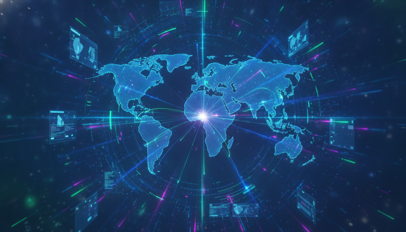Abstract visualization of global tech connectivity and innovation.