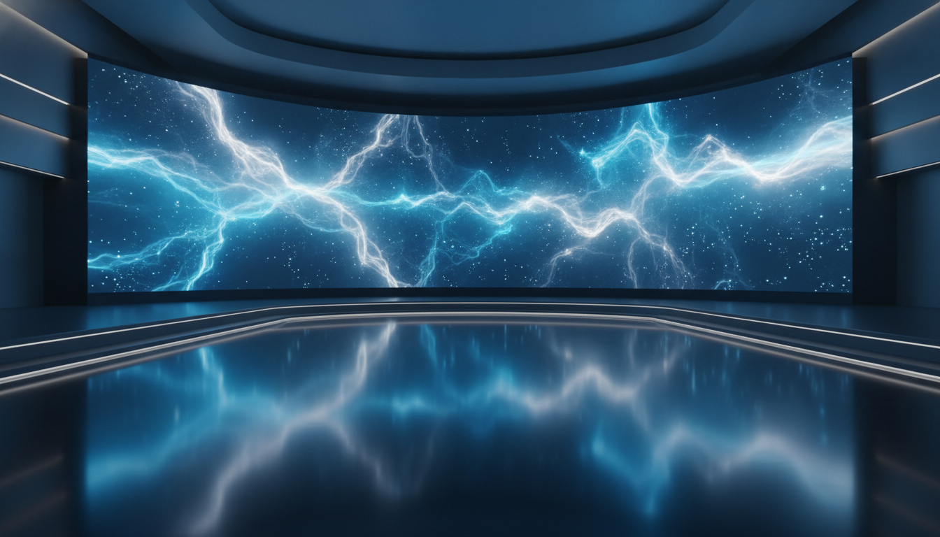 A minimalist, futuristic stage illuminated with blue and white light, symbolizing an upcoming technology product launch.
