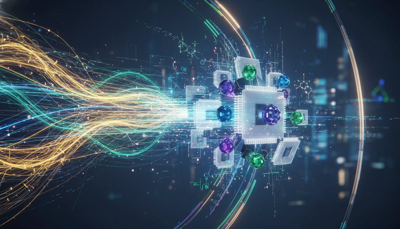 Abstract visualization of venture capital flowing into AI, deep tech, and biotech sectors, symbolizing growth and innovation.