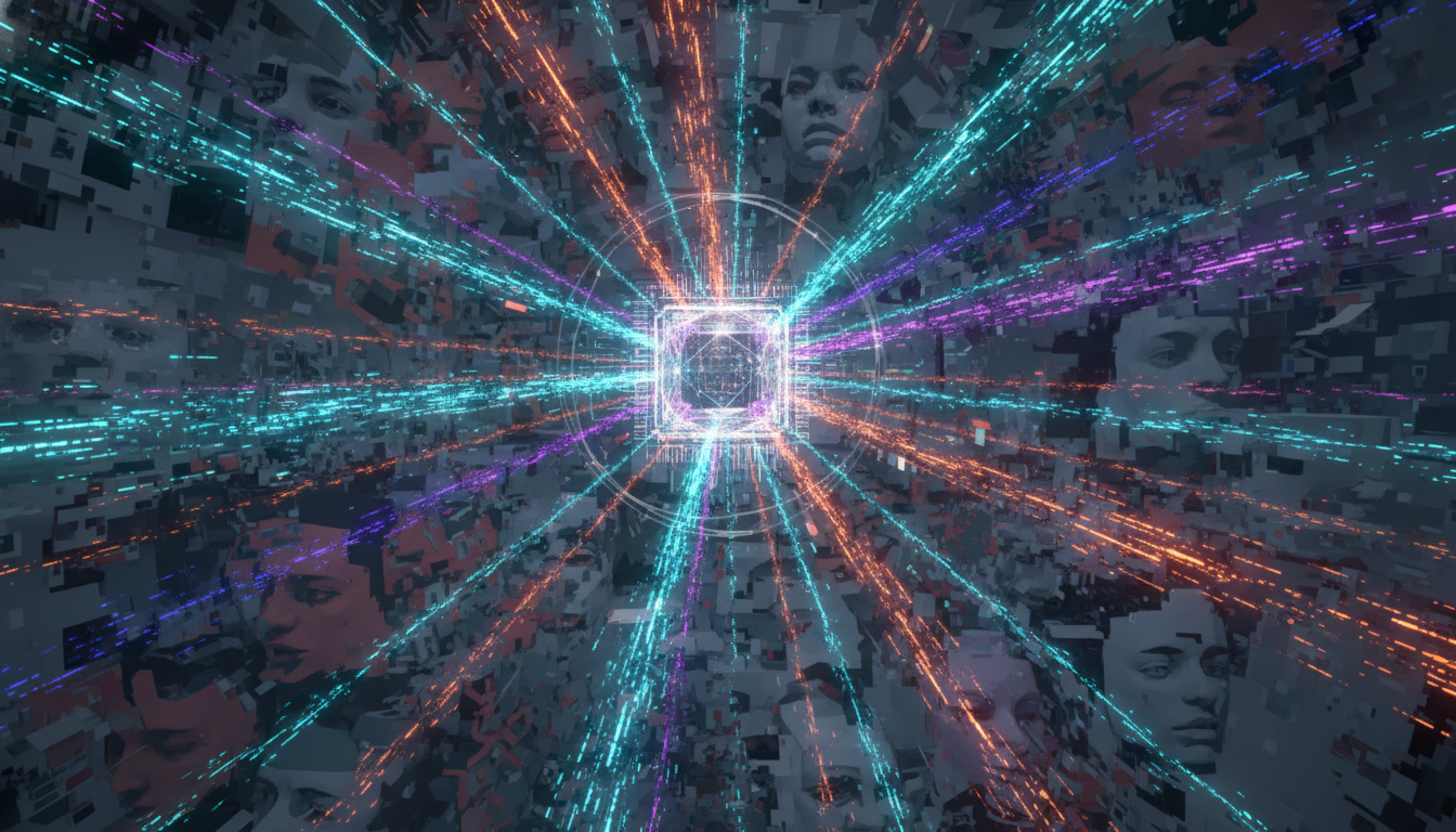 Abstract representation of interconnected AI watermarking and detection strategies forming a multi-layered defense network by major tech companies.