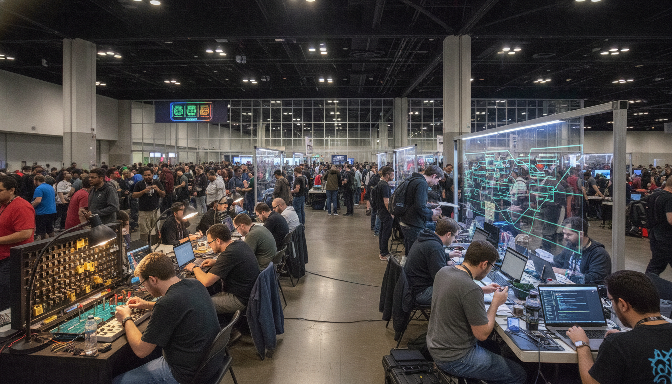 A vibrant scene of people participating in hands-on cybersecurity workshops and villages at a large convention.