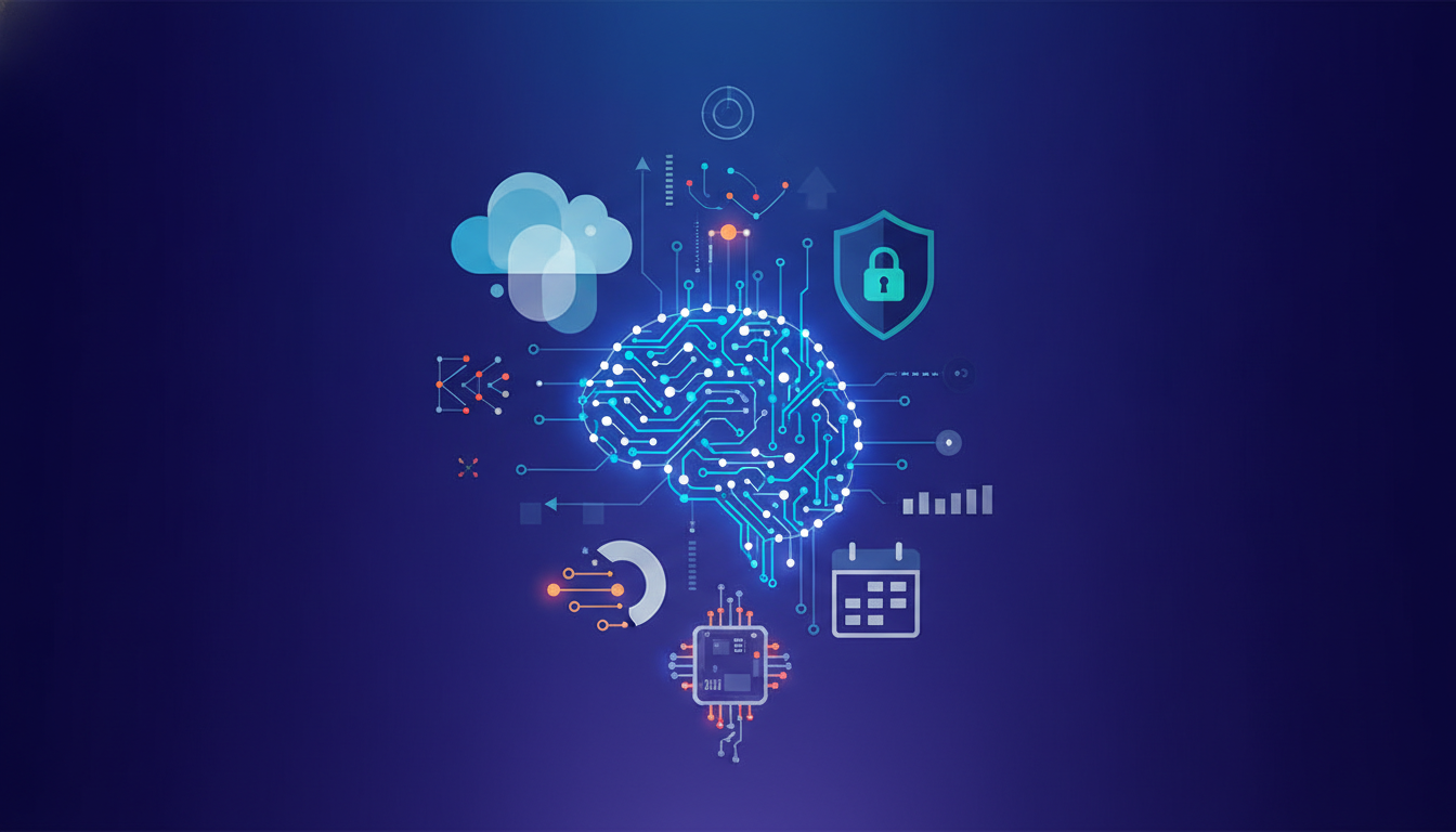 Abstract mosaic of icons representing AI, cloud, cybersecurity, and consumer electronics events.