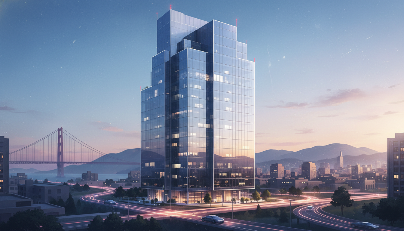 Modern building representing OpenAI headquarters in a tech-centric city.