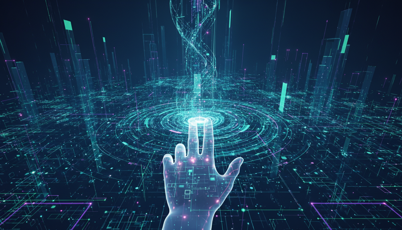 An abstract visualization of market growth and investment in AI coding tools, with a human hand guiding digital information, representing human-AI collaboration.