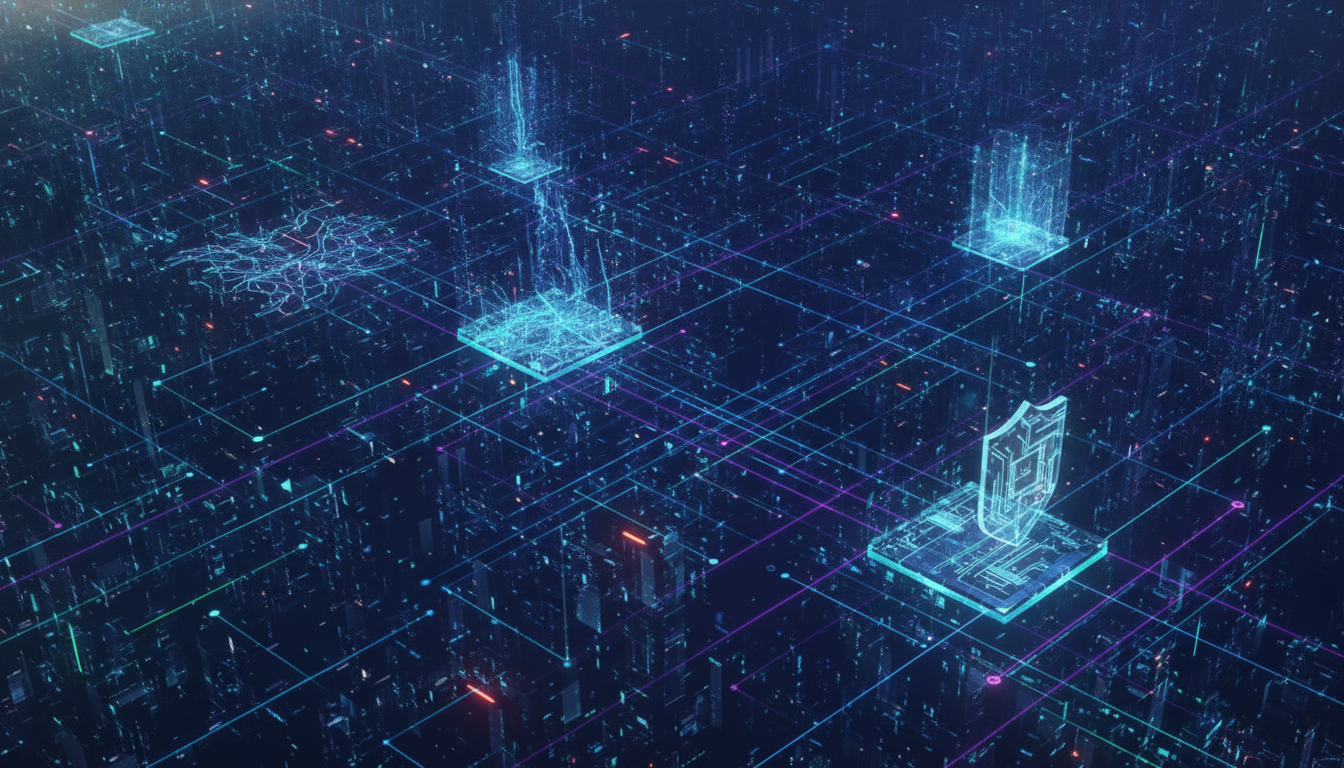 Abstract digital network illustrating the interconnectedness of global IT trends like AI, semiconductors, and cybersecurity.