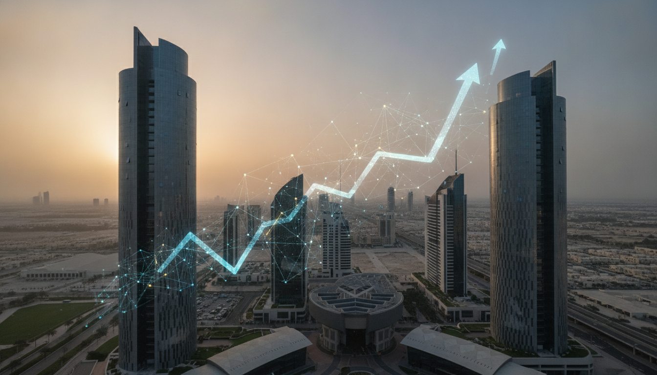 A modern UAE cityscape at dawn with digital overlays showing financial growth, symbolizing innovation and venture capital.