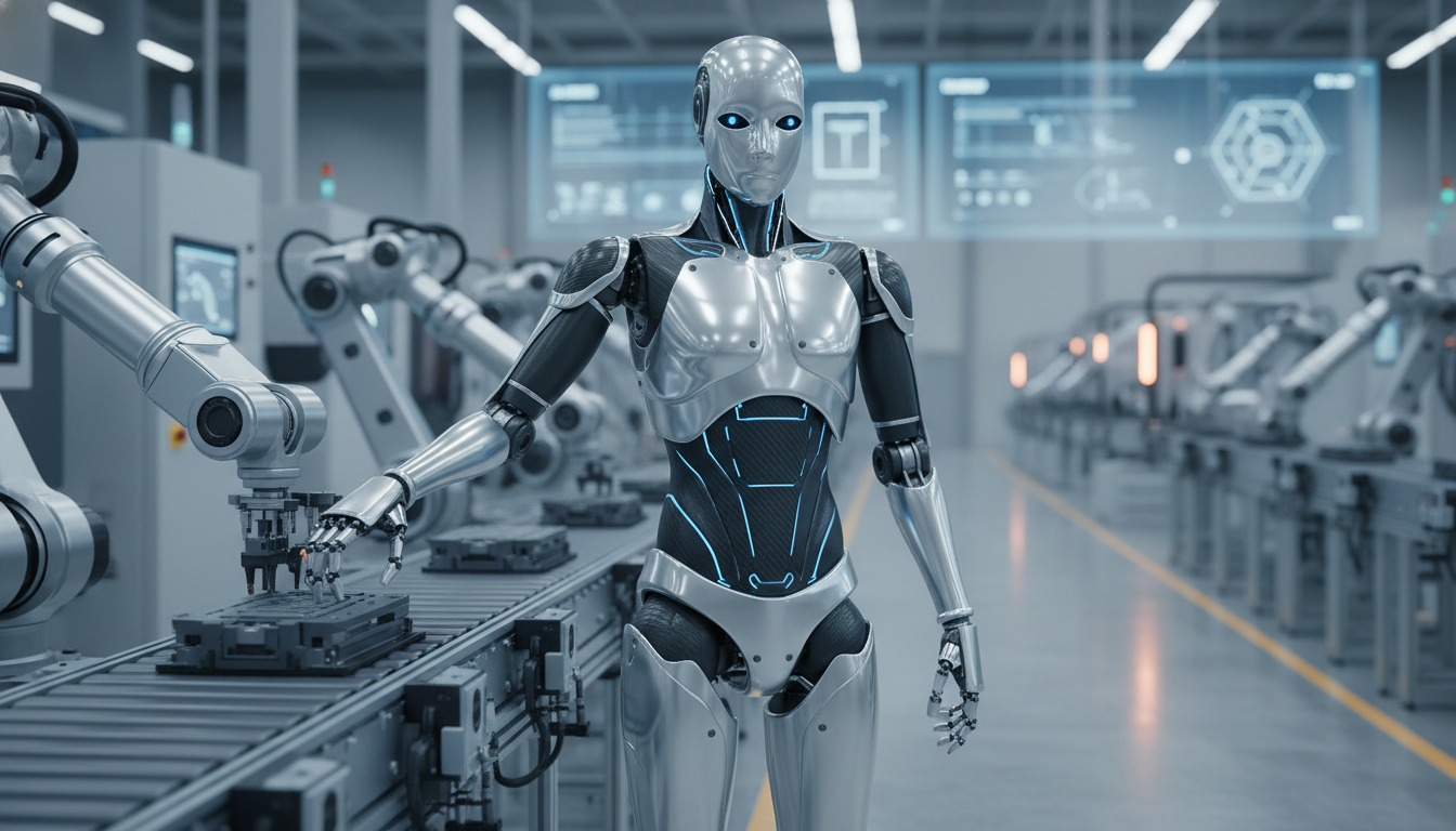 A sophisticated humanoid robot stands in a modern manufacturing plant, representing the physical embodiment of AI in industry.