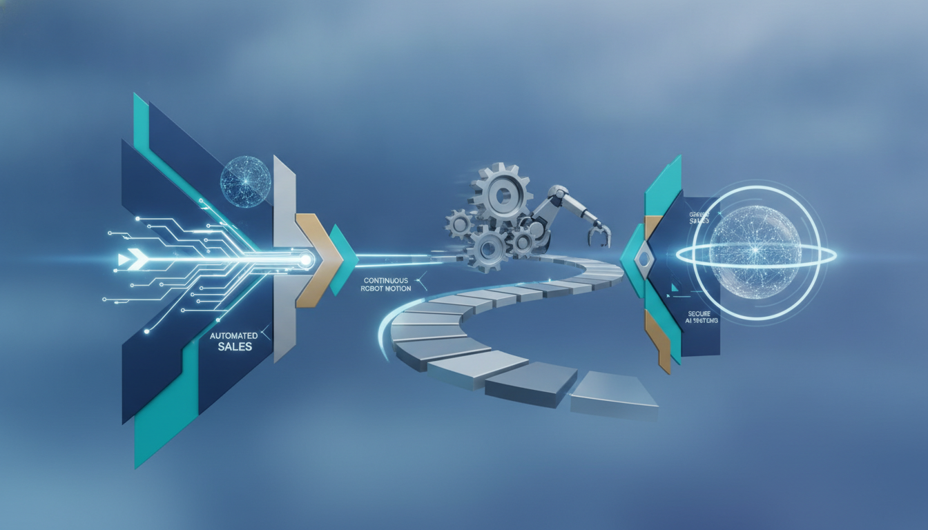 Visual metaphor of interconnected enterprise systems operating seamlessly, representing frictionless operations in sales, logistics, and AI security.