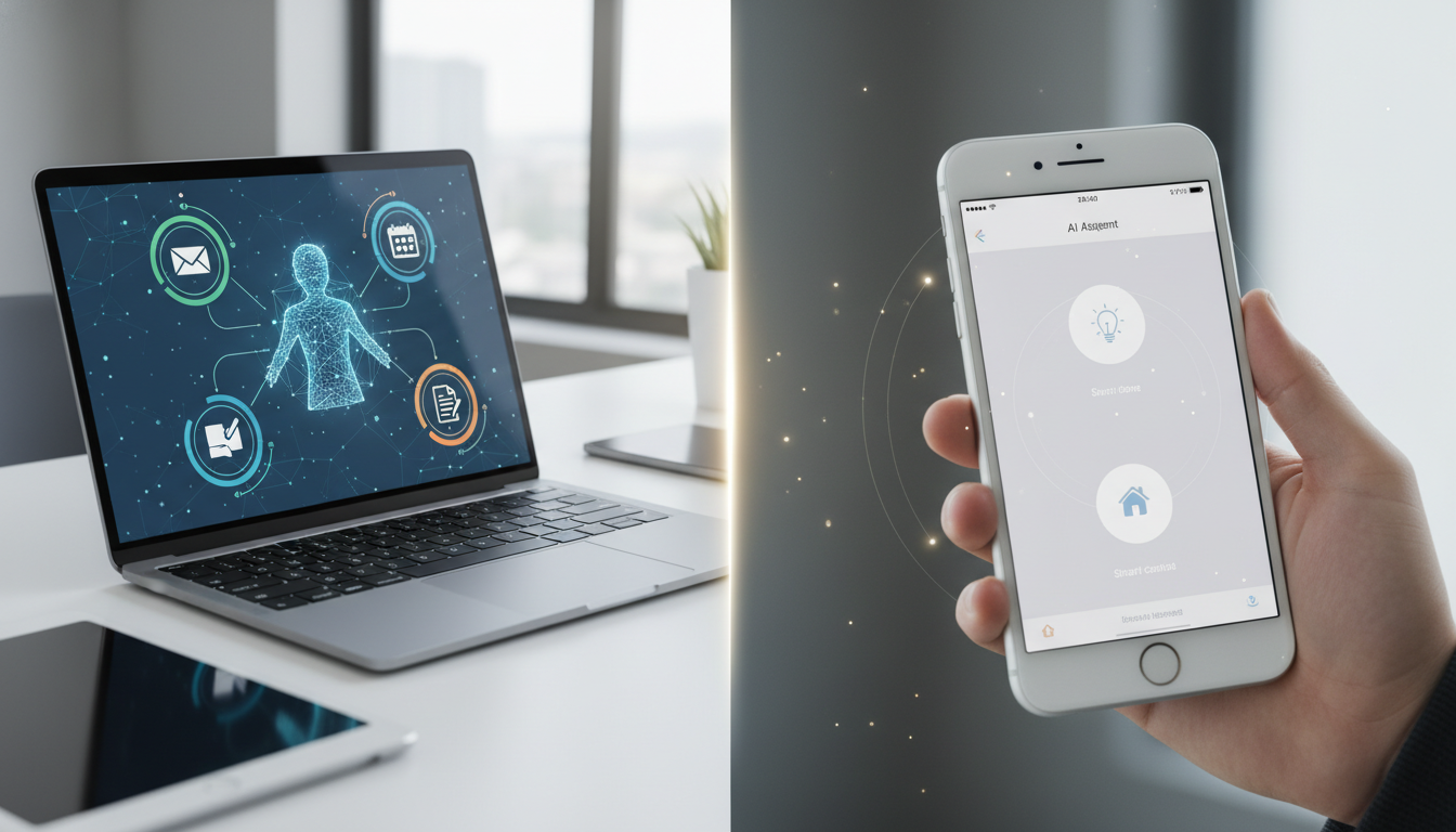 Visual contrast between Google's task-oriented AI agents and Apple's integrated personal intelligence.