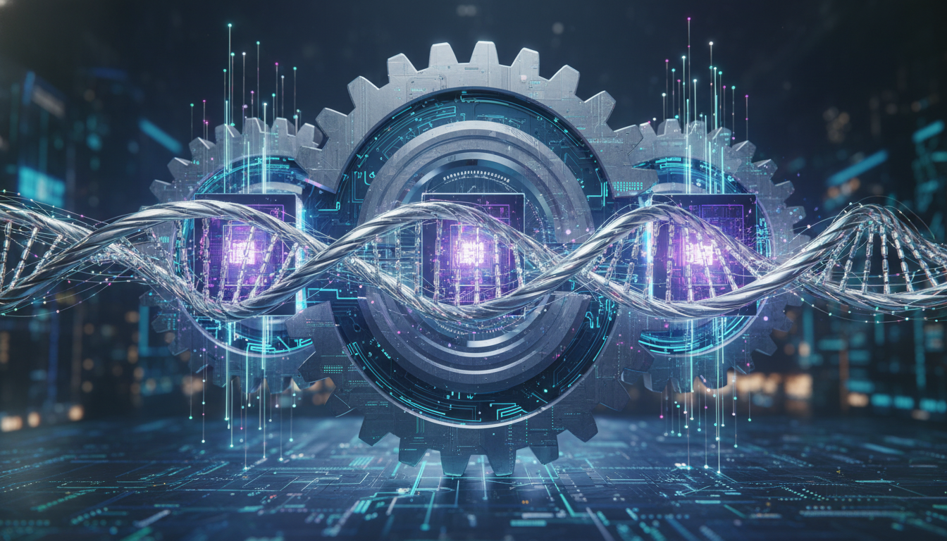 Conceptual illustration of integrated 'hard technology' sectors like robotics, quantum computing, and biotech forming a resilient ecosystem.