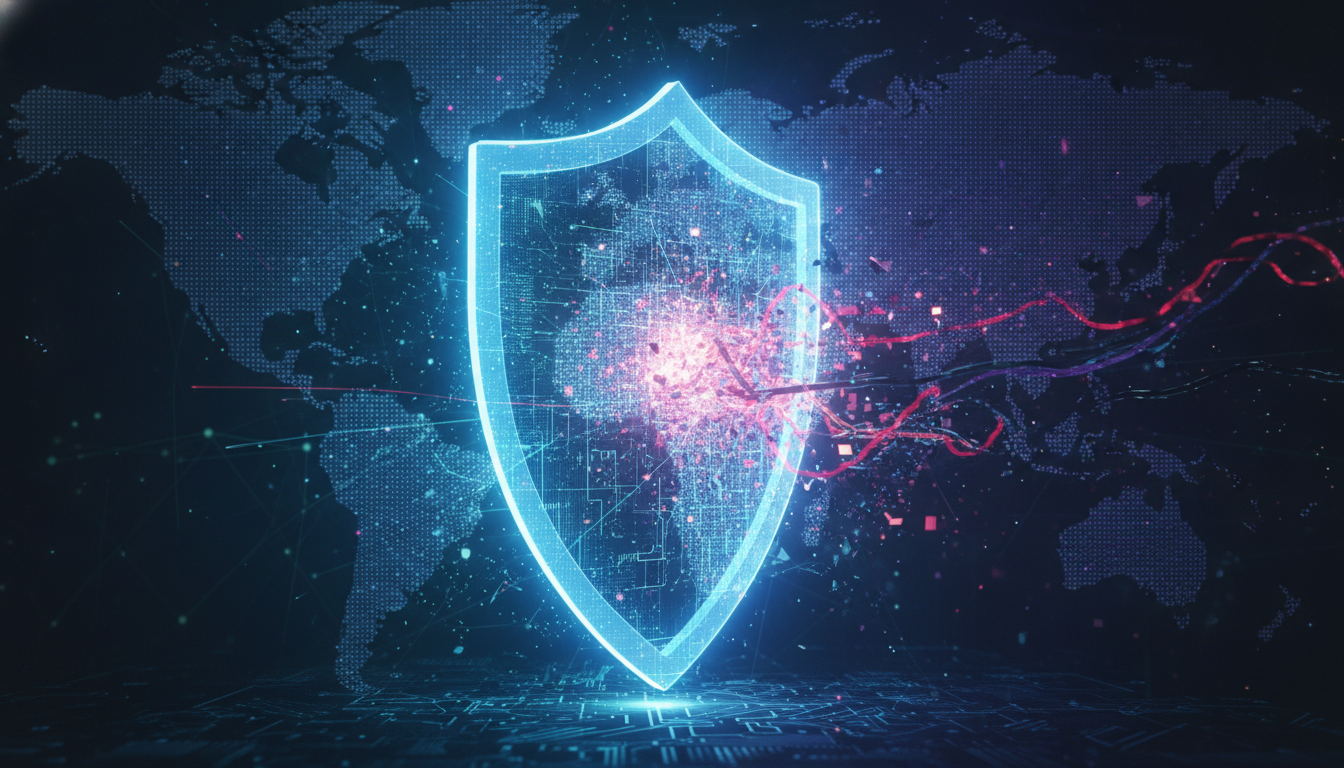 AI-powered cybersecurity defenses protecting a digital network from abstract threats.