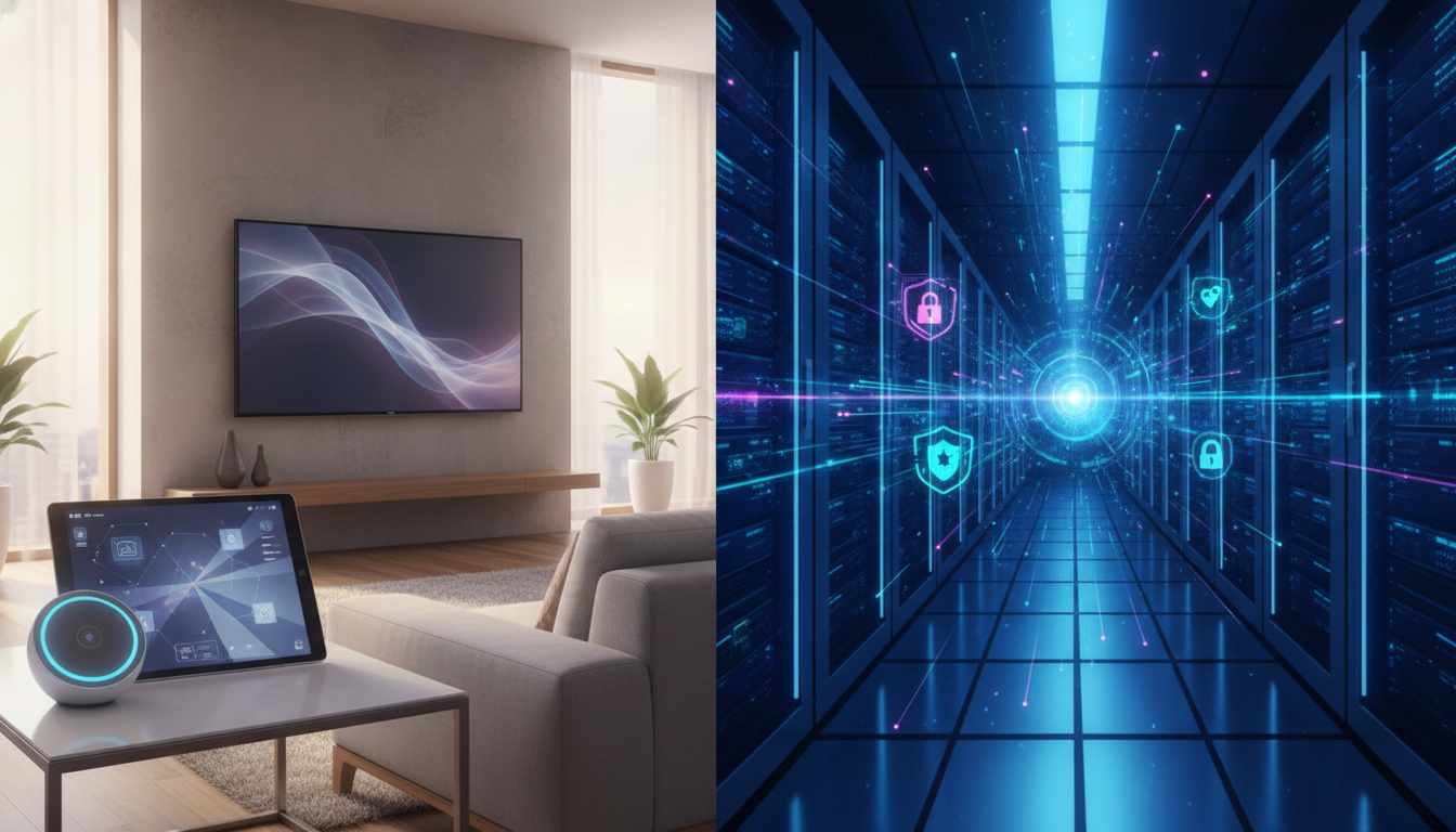 Visual comparison of a smart home environment with consumer electronics and a secure server room representing enterprise technology and cybersecurity.