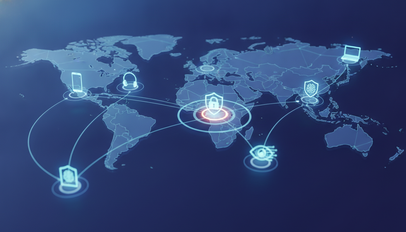 Abstract visual representing global technology events and interconnected sectors like AI, cybersecurity, and consumer electronics.