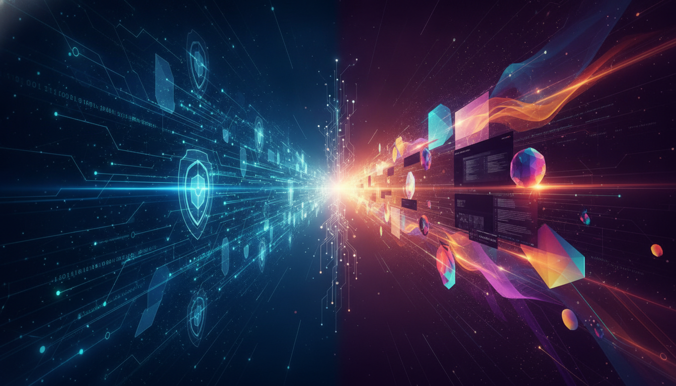Abstract digital art depicting two converging tech worlds: secure networks for cybersecurity on one side, and vibrant 3D graphics and creative innovation on the other.