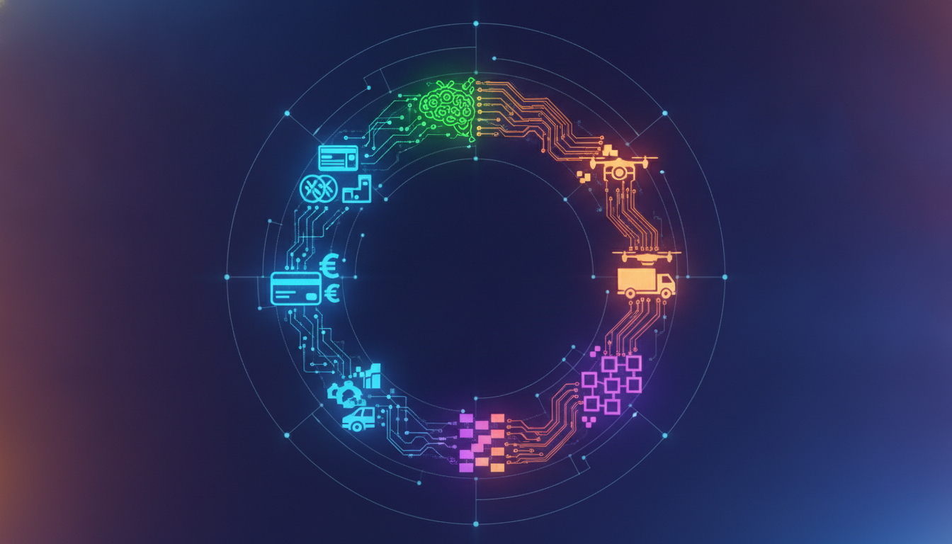 An abstract visual representing interconnected technology sectors like fintech, AI, and logistics in a dynamic startup ecosystem.