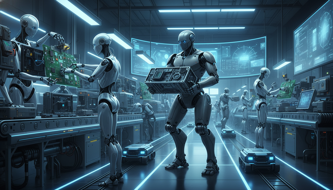 Diverse humanoid robots collaborate on an advanced manufacturing floor, demonstrating integrated physical AI in industrial production.