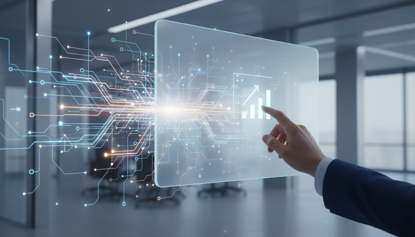 An AI system efficiently streamlining complex data into a clear, actionable outcome, symbolizing utility over hype.