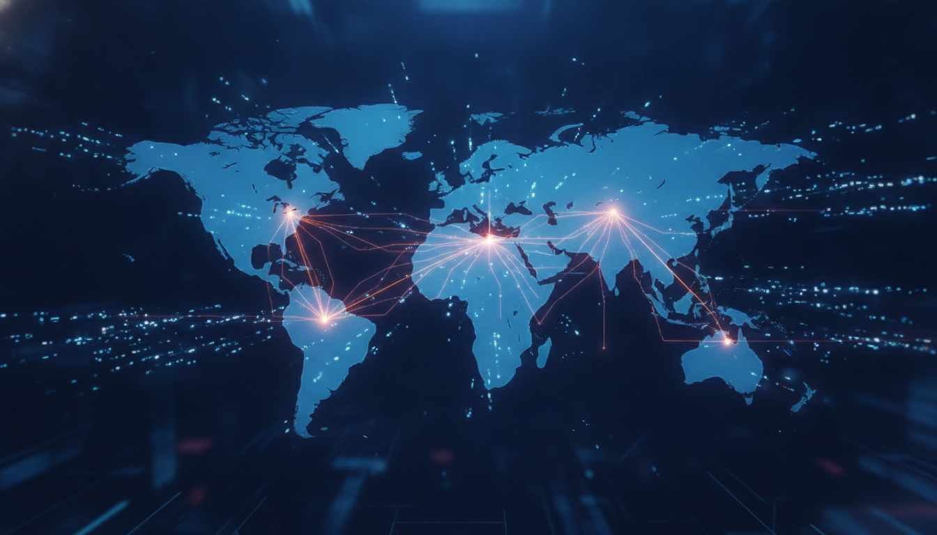 Abstract visual representing global AI innovation and interconnected data networks.