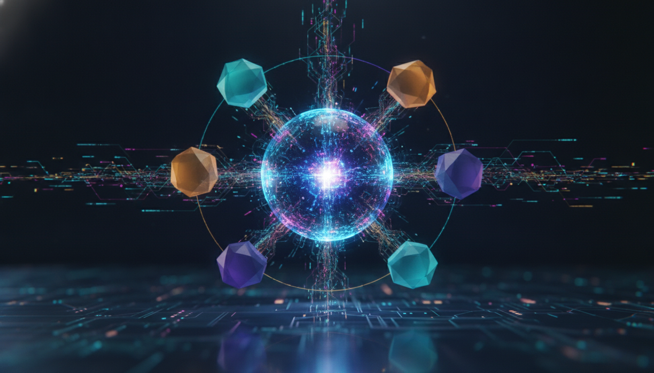 Abstract visualization of AI driving interconnected enterprise SaaS platforms for productivity and automation.
