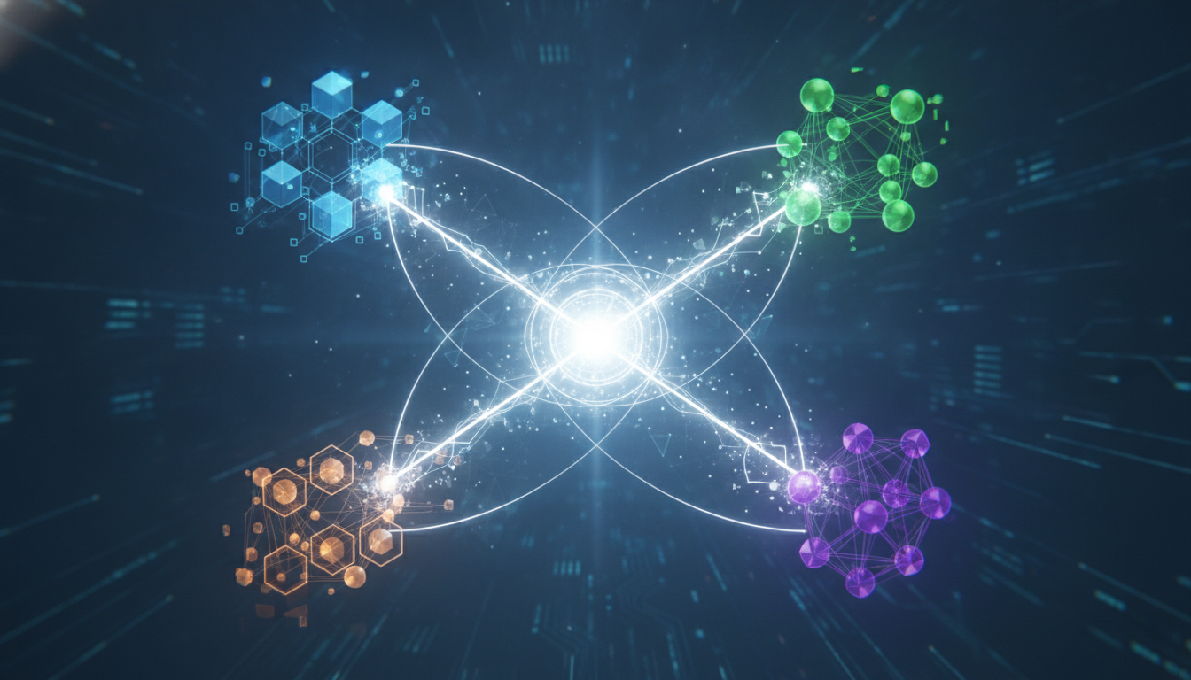 Conceptual illustration of multiple AI sales and CRM platforms collaborating and integrating for optimized revenue.