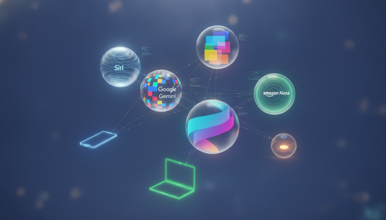 Visual metaphor of four major AI assistants seamlessly integrating and performing agentic tasks across a network of digital devices.