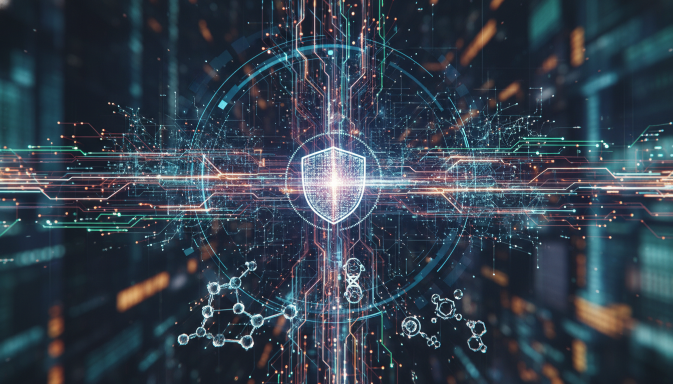 Abstract visual depicting the convergence of cybersecurity, AI, and deep tech innovation in a secure, futuristic landscape.