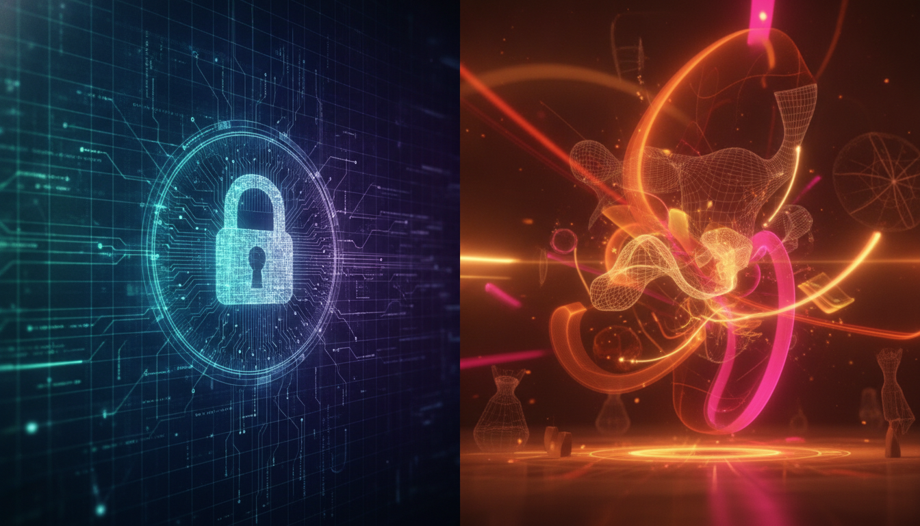 A split image contrasting cybersecurity with secure data networks on the left, and vibrant 3D graphics and creative computing on the right.