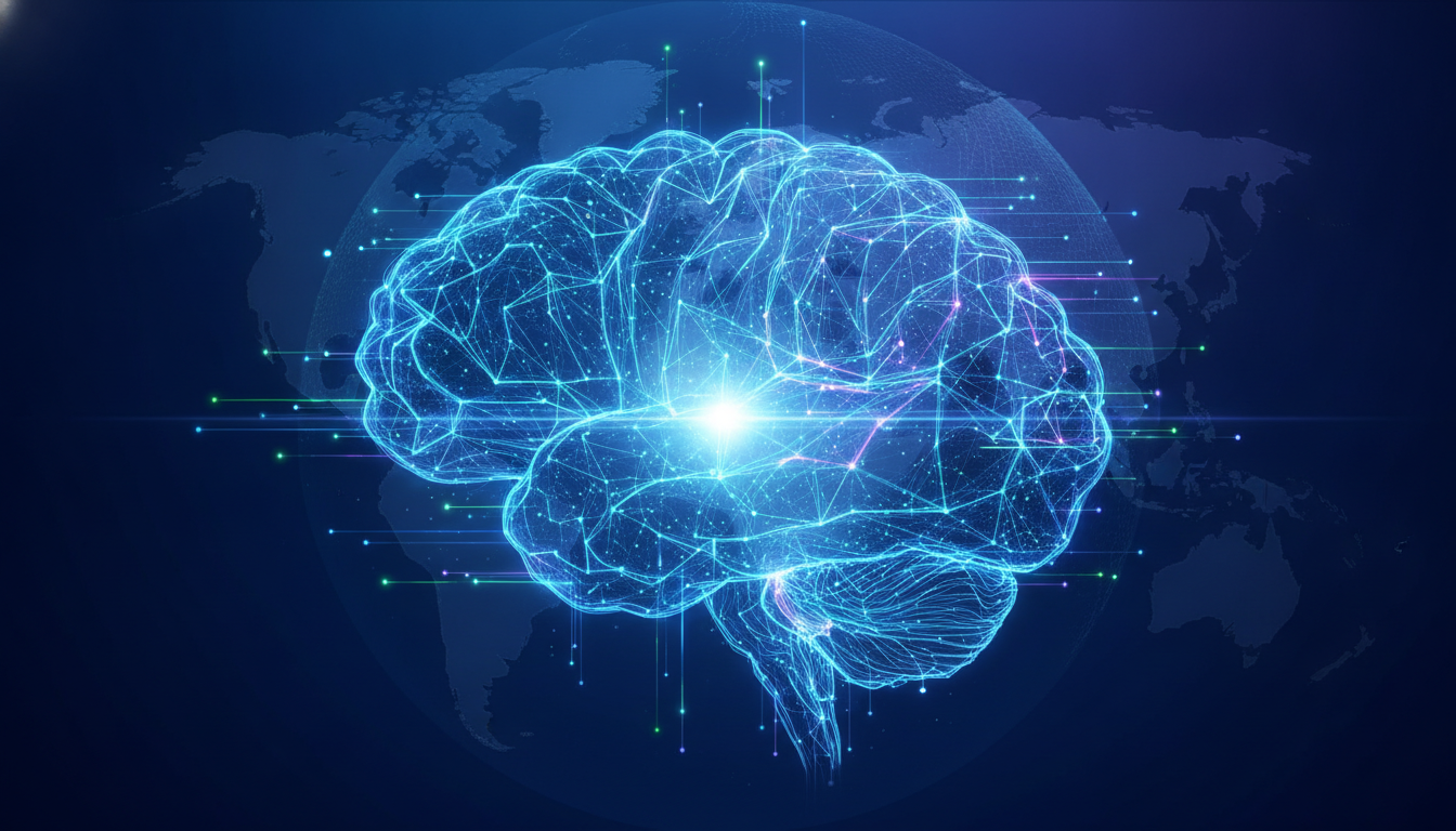 Abstract visualization of global AI advancements and interconnectedness.