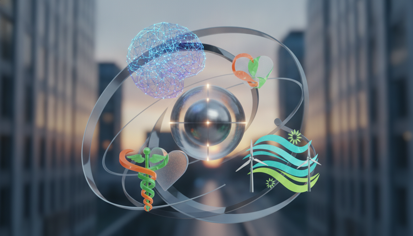 Visual representation of key Swedish innovation sectors like AI, healthtech, and clean energy, depicted with abstract icons and interconnected elements.