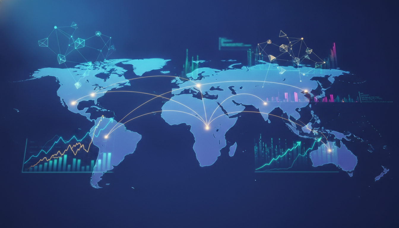 Abstract global tech network with digital elements, representing worldwide developer conferences and innovation.