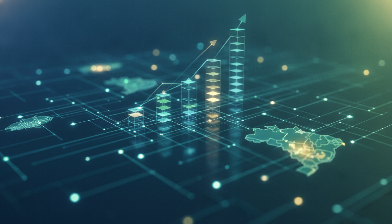 Abstract visualization of interconnected data networks and growth charts, representing strategic development and regional innovation in Brazil.