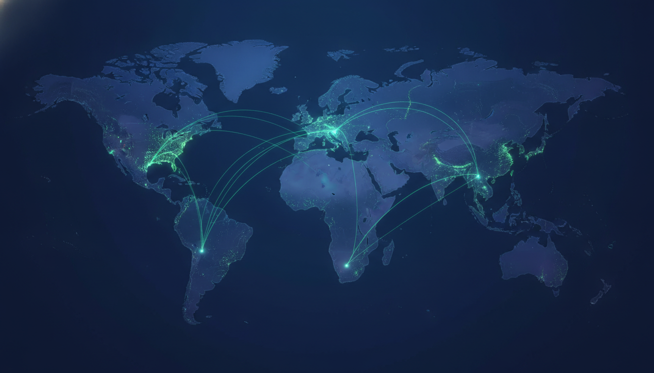 Global AI network connecting conferences and data streams.