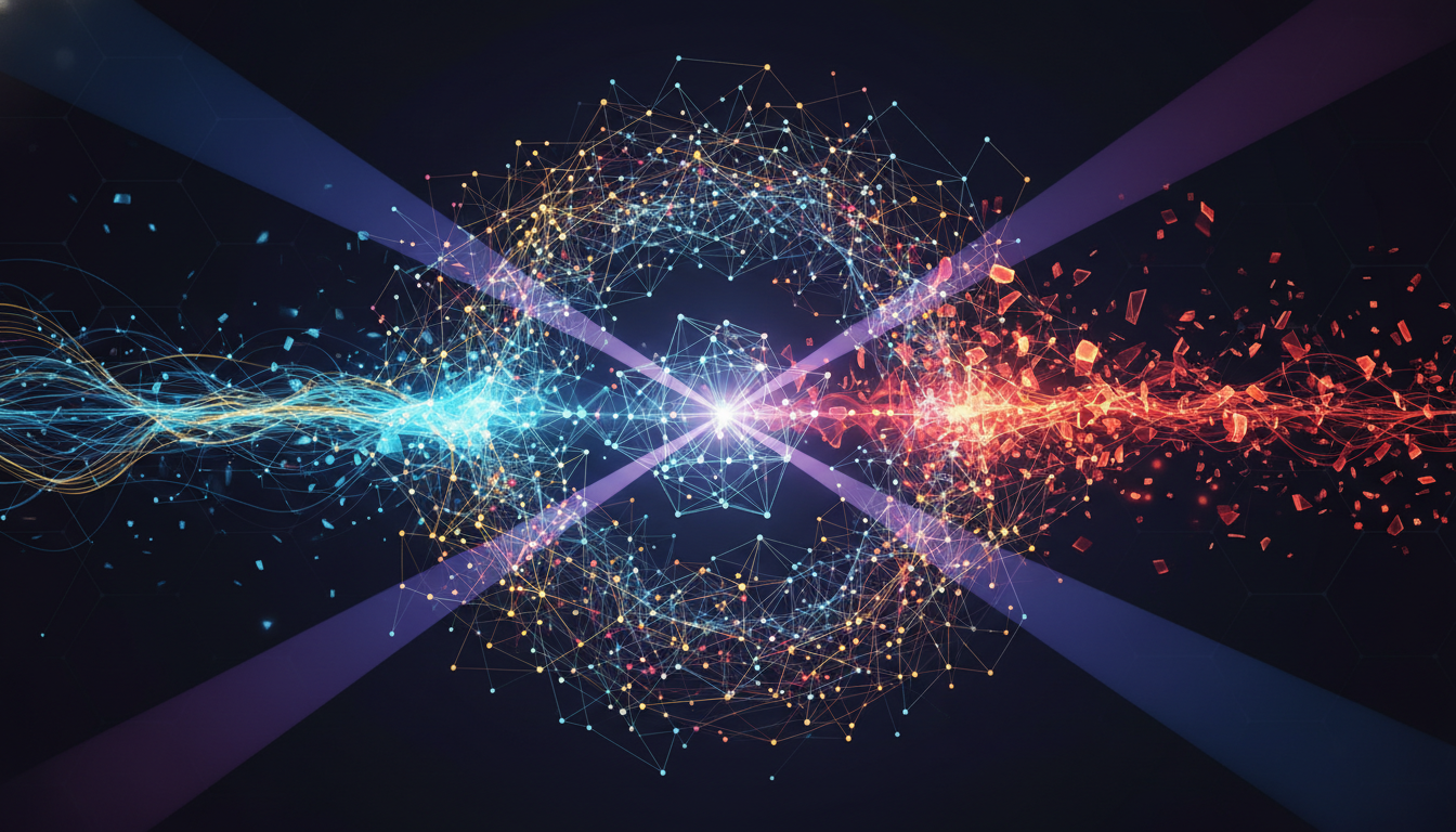 Abstract visual representing an AI neural network with some data streams appearing fractured or incorrect, being corrected and brought into balance by unseen forces, symbolizing the combat against AI hallucinations.