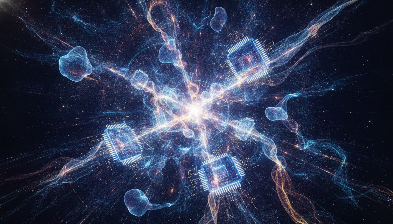 A vibrant, abstract illustration depicting the convergence of artificial intelligence, advanced semiconductors, and global technology trends.