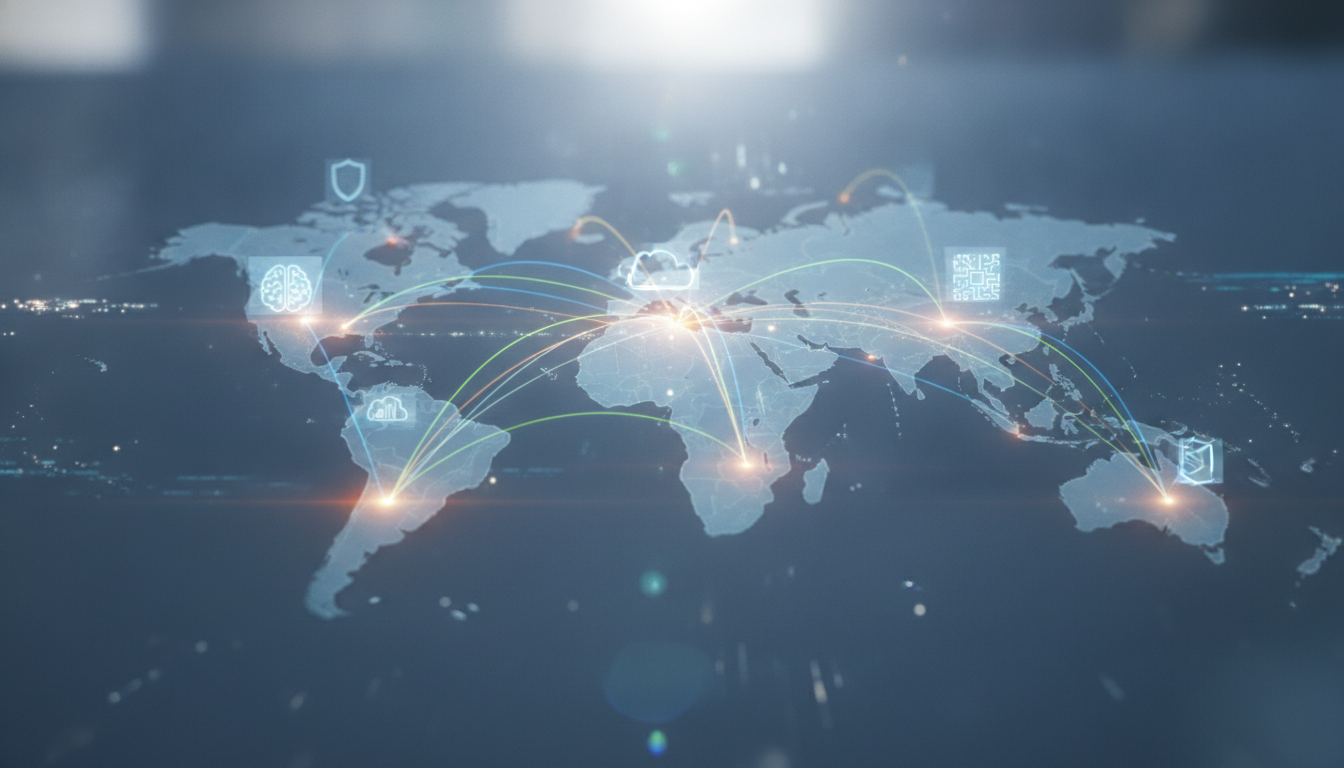 Abstract global network with glowing tech icons representing diverse IT conferences.