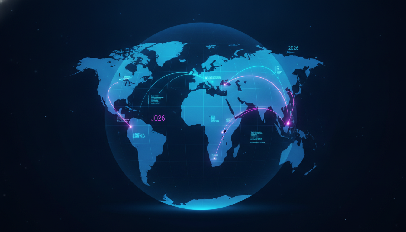 Digital world map with glowing lines connecting major continents, symbolizing global IT event connectivity and future planning.