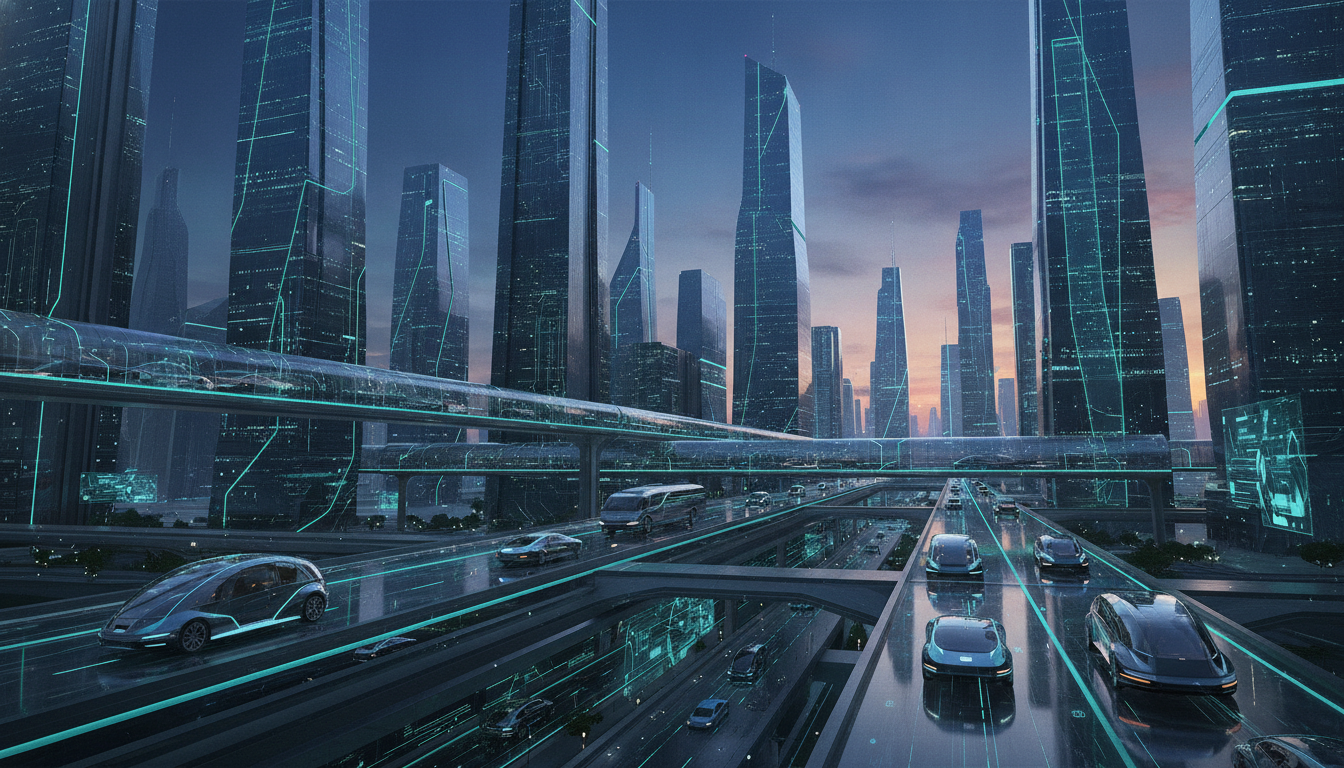 Futuristic cityscape with autonomous vehicles and integrated smart technology.