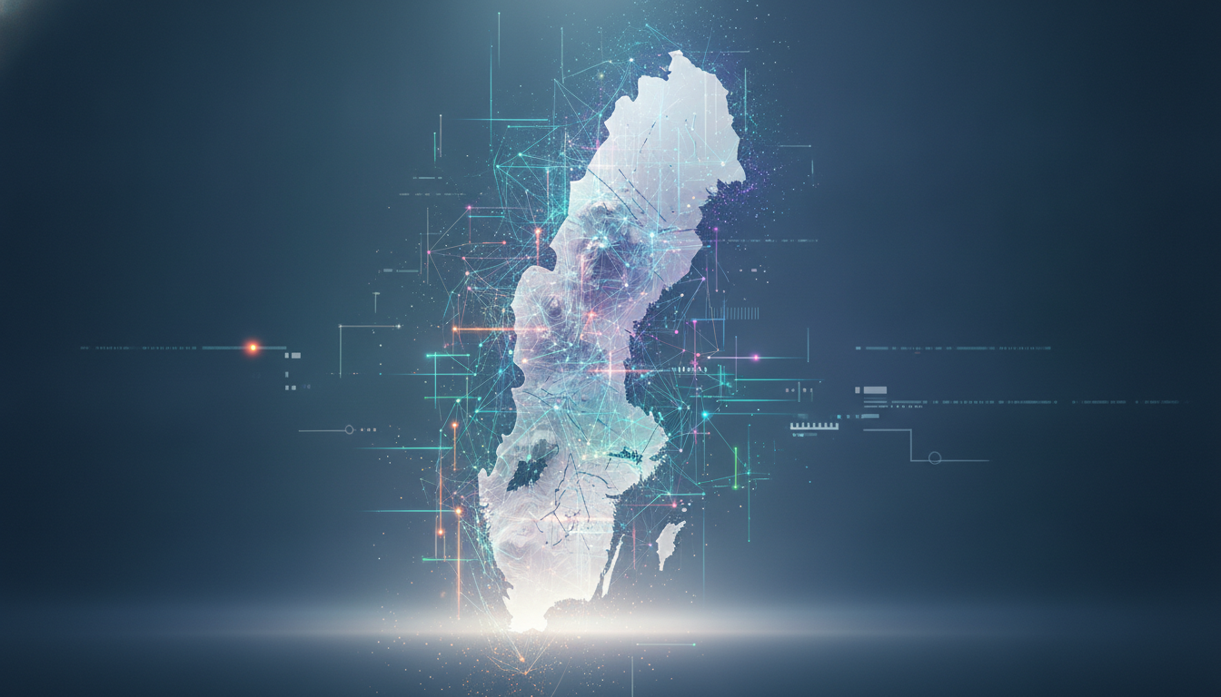 Abstract visualization of Sweden's dynamic and growing startup ecosystem, featuring interconnected digital networks and glowing nodes.