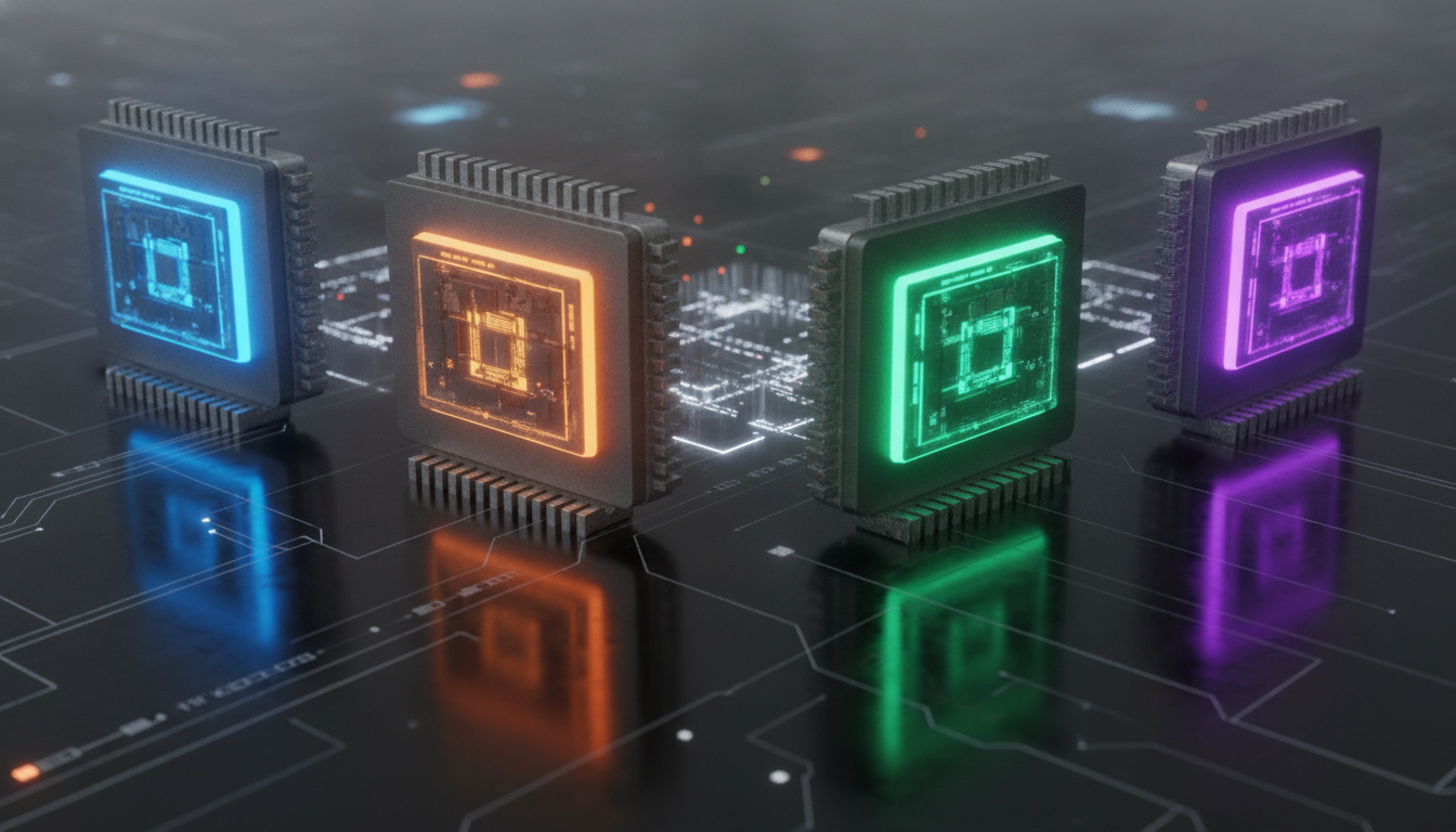 Four distinct, futuristic AI processor chips, representing the competition among hardware titans in the AI industry.
