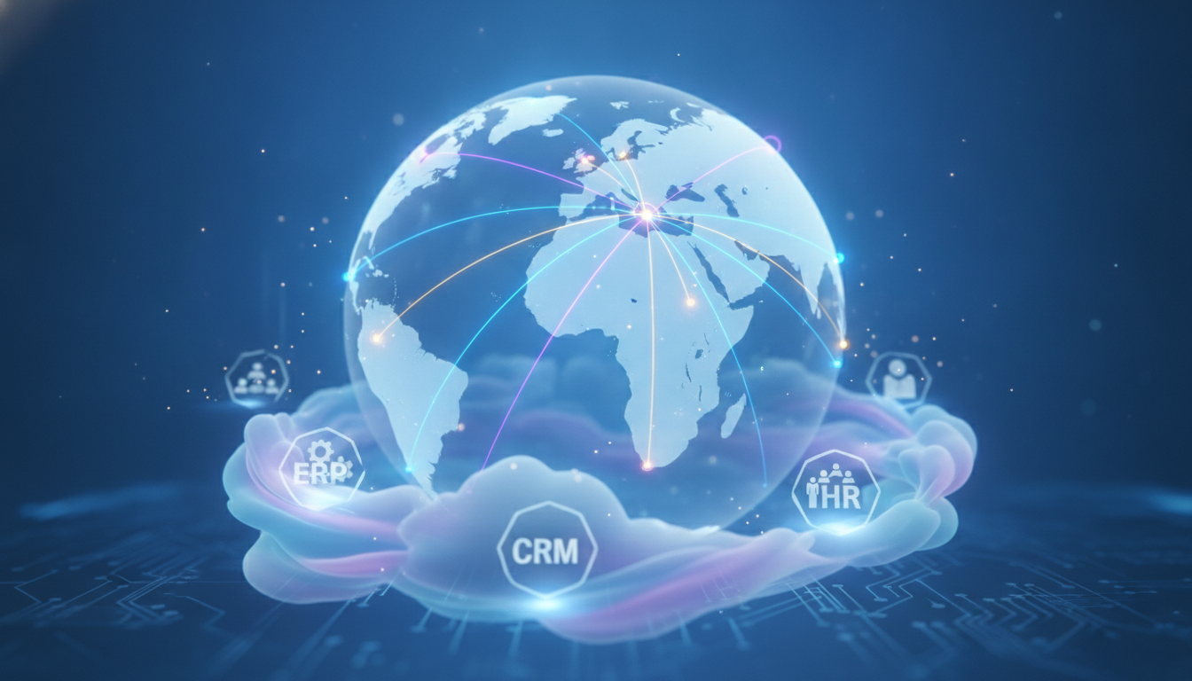 Abstract visualization of global enterprise SaaS connecting businesses and integrating intelligent cloud solutions worldwide.