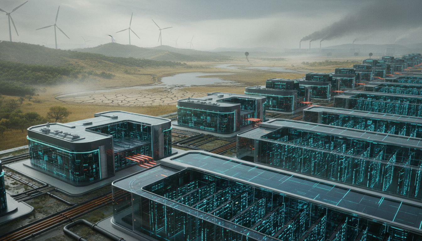 A large, modern data center glowing with activity, set against a backdrop of a subtly strained natural environment, symbolizing AI's immense energy demands.