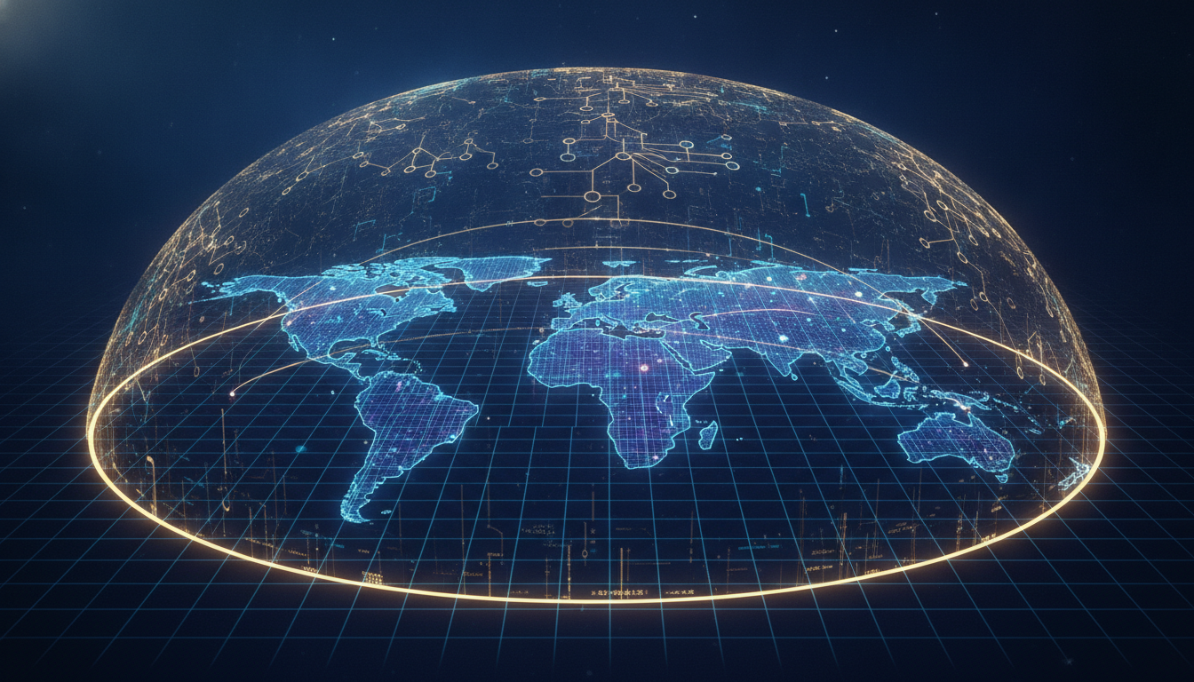 Abstract illustration of a secure global digital network protected by advanced AI cybersecurity.