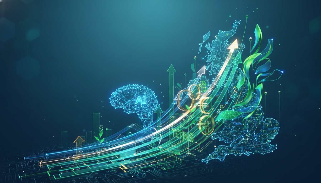 An abstract visualization of the UK's thriving startup ecosystem, showing growth, investment, and interconnected technology sectors.
