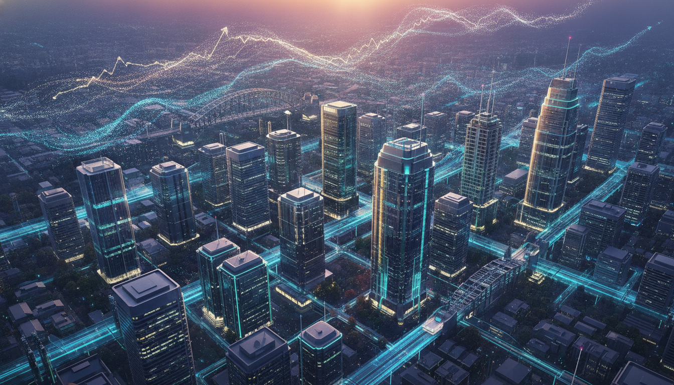 Stylized Sydney cityscape representing Australia's growing tech startup ecosystem.