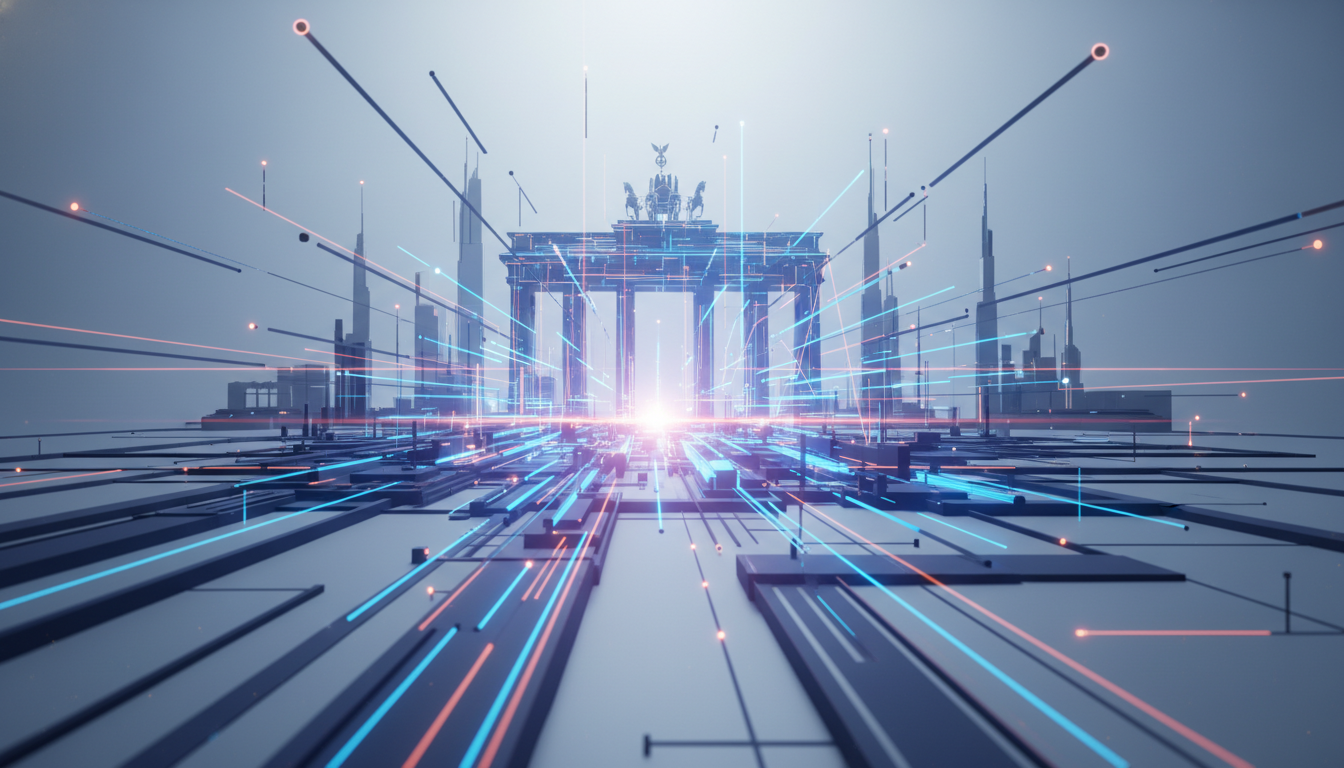 Abstract visual representing Germany's flourishing DeepTech and AI startup ecosystem, with interconnected digital elements and a sense of forward momentum.