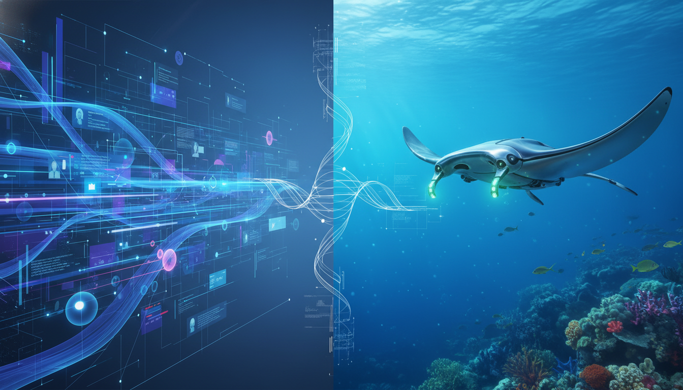 Digital AI agents for customer service alongside autonomous ocean exploration robots, illustrating diverse applications.