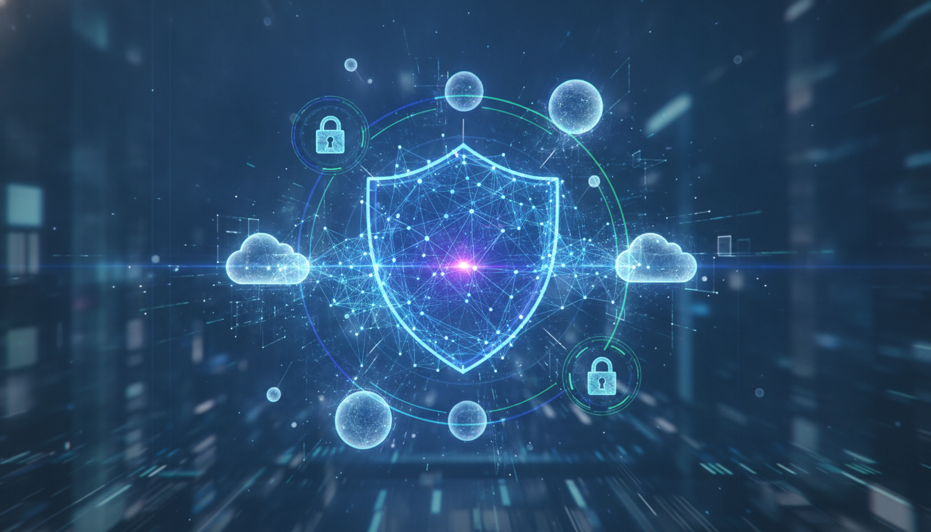 Abstract visual representing interconnected concepts of artificial intelligence, cloud computing, and cybersecurity.