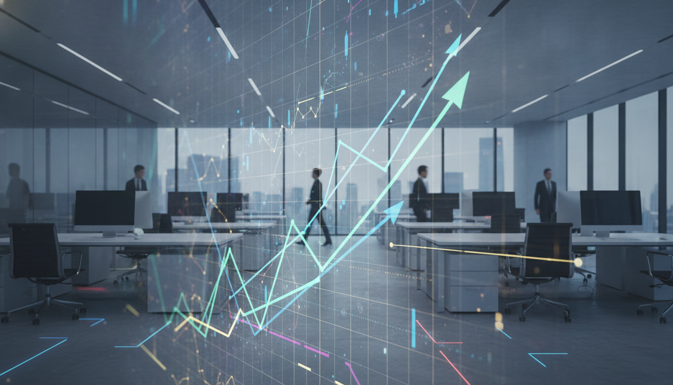 Data visualizations depicting AI market growth alongside a streamlined corporate environment, illustrating industry trends and workforce changes.