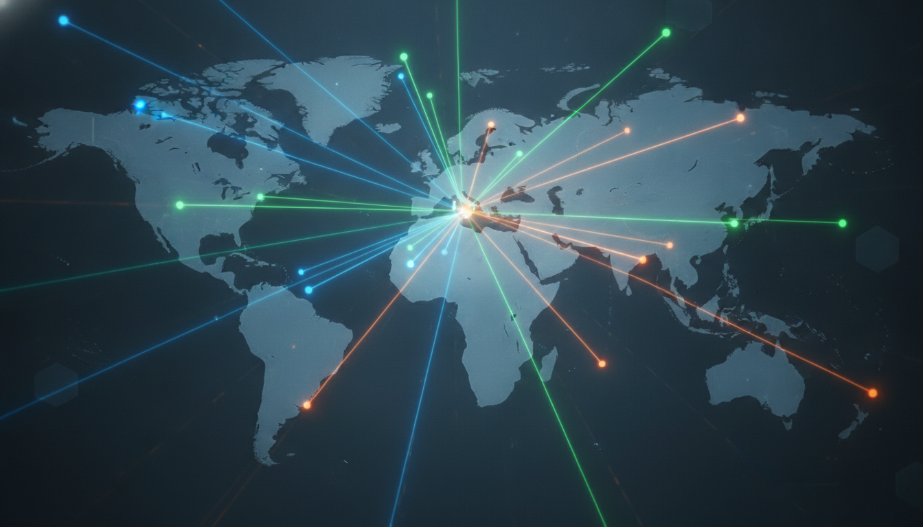 World map with interconnected cybersecurity nodes representing global solutions and collaboration.